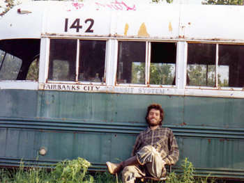 A self-portrait by Christ McCandless by his bus in Alaska. 