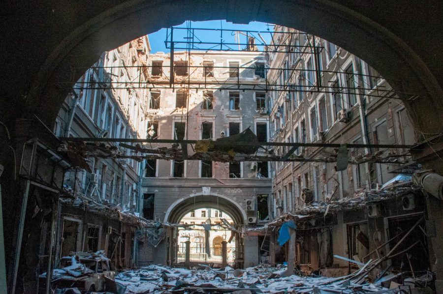 The devastating aftermath of the March 2022 shelling in Kharkiv, Ukraine.