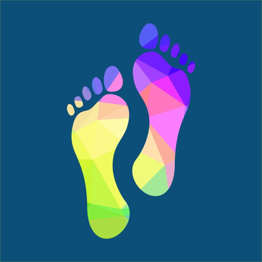 Artistic graphic of a pair bare feet in a blue background. 