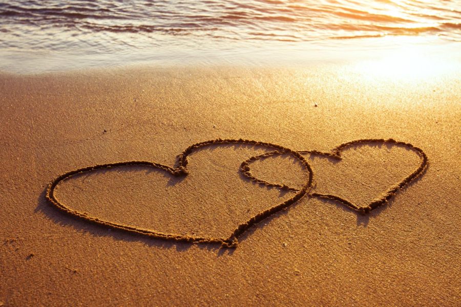 Two+overlapping+hearts+on+a+beach+with+the+ocean+in+the+background