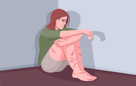 Self-harm addiction visualization of a distraught woman holding a razor blade.