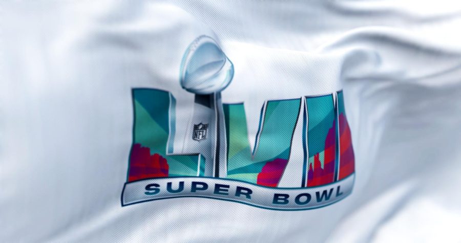 NFL+Super+Bowl+LVII+flag+with+white+background+flowing+in+the+wind.