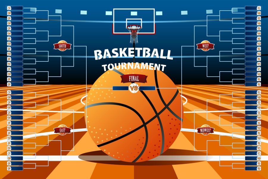 NCCA March Madness college basketball tournament bracket vector image blue and orange background.