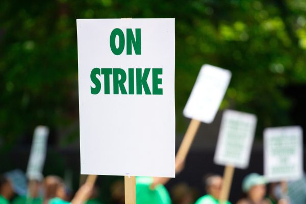 A striking worker holding a white picket sign with green colored font.