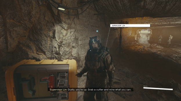 Bethesda Softworks Starfield Opening Level Screenshot of Supervisor Lin Instructing The Player to Start Mining with a Laser. 