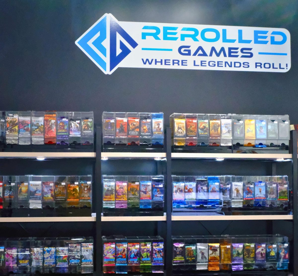 Playing card display of store.