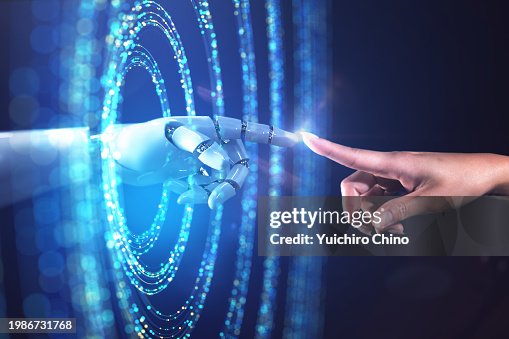 Abstract image of a woman's hand accessing the digital world from the real world.